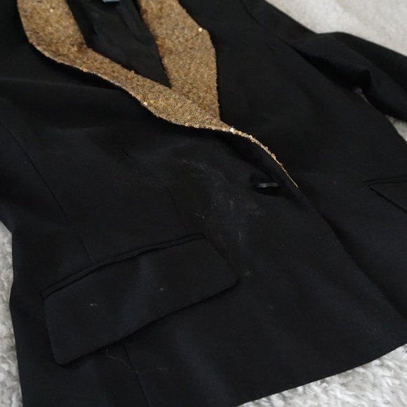 RARE Gold Sequined Lapel and Cuff Black Blazer - Picture 3 of 3